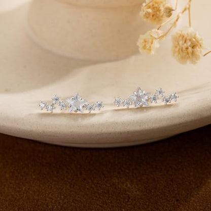 Robaice Cartilage Climber Earrings for Women，14K Gold Plated Helix Stud | Trendy Cluster Earrings, CZ Stud Earring, Tragus Conch Daith Piercing, Ear Crawer,Hypoallergenic Jewelry Gift for Women - color: E-Silver Star
