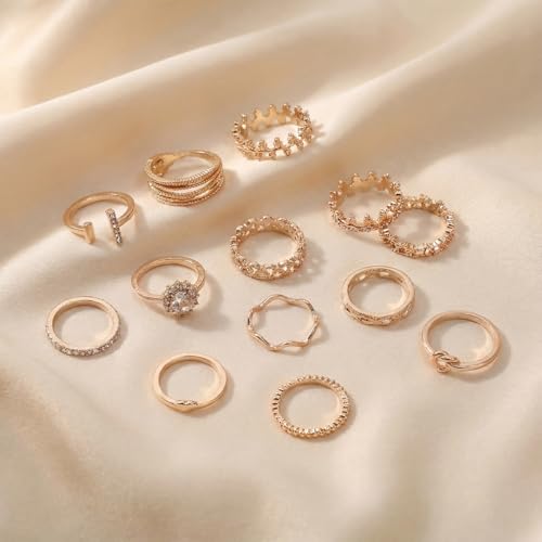 42-Piece Gold Tone Stackable Ring Set for Women, Boho Minimalist Stacking Rings with Crystal & Heart Accents, Adjustable Open Band Jewelry for Daily Wear - style: TZJ-003350-01