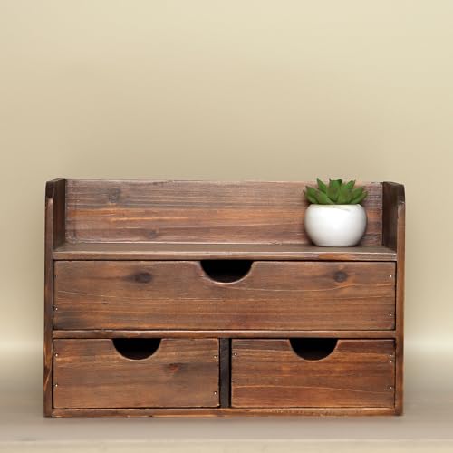 Vintage Rustic Brown Wooden 3 Drawer with Shelf Office Desk Organizer & Mail Rack For Desktop,Box for Office Home makeup holder Toiletries Supplies Vanity, No Assembly Required (Brown) - color: Brown