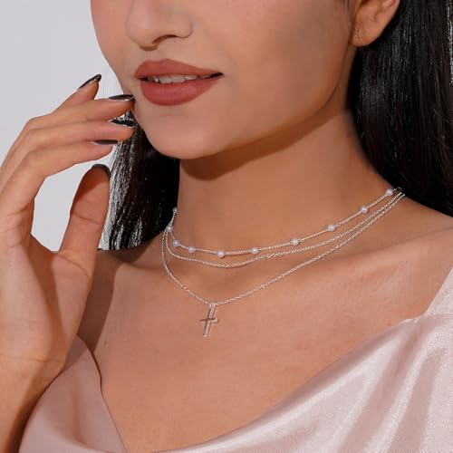 Layered Necklaces for Women | 14K Gold Plated Stackable Choker Necklace Set - Dainty Jewelry Gift - style: 3PCS-Silver Cross layered necklaces