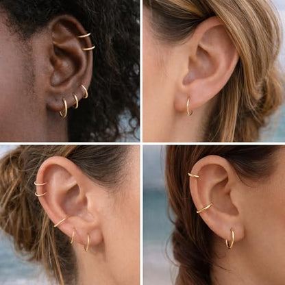 14K Gold Plated 925 Sterling Silver Tiny Hoop Earrings, Thin Small Huggie Hoops, Hypoallergenic Lightweight Cartilage Earrings for Women Men, Multiple Piercings (6mm, 8mm, 10mm, 11mm) - style: Gold-10mm-1Pair