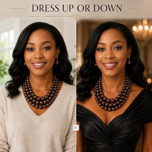Simulated Pearl Necklace & Earring Set, Multi Strand - color: Dark Brown