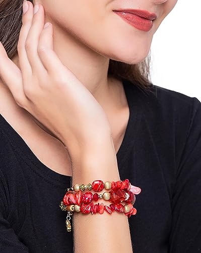 Women Beaded Bracelet Set | Colorful Boho Stackable Trendy Design with Crystal Accents Multilayer Bangle Bracelet | Fashion Stretch Braclets Jewelry for Women - color: Red.