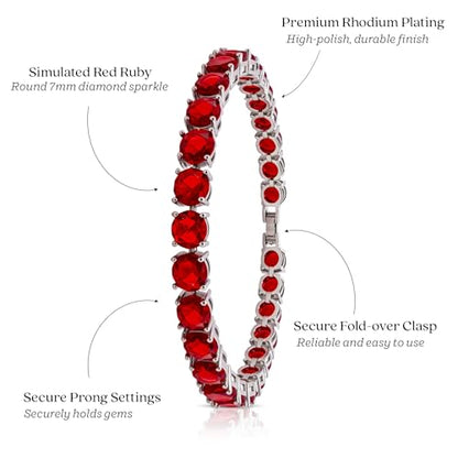 KEZEF Tennis Bracelet for Women, 7mm Round CZ, Silver Plated Brass, 6.5–8 Inch, Fold-Over Clasp - color: Simulated Red Ruby, size: 8 Inch