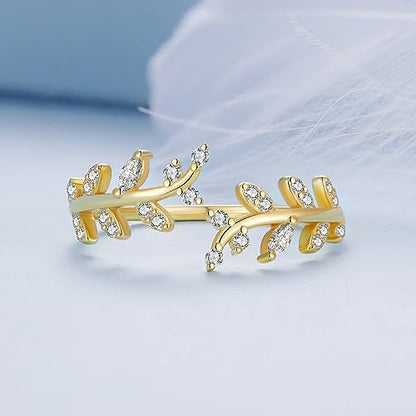 MUNDELL 925 Sterling Silver Simple Multi-layer Leaf Adjustable Ring Green Lucky Leaves Statement Ring for Women Promise Ring Fine Jewelry - color: Golden Leaf