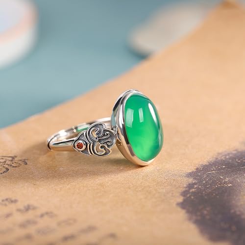 Vintage Green Jade Cocktail Rings for Women Oxidized Silver Faux Gemstones Crystal Adjustable Ring Midi Finger Band Retro Aesthetic Wedding Statement Ring Fashion Mother Banquet Jewelry