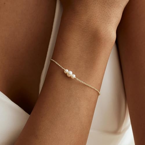 SLOONG 14K Gold Plated Pearl Bracelets for Women Trendy | Dainty Stackable Layered Chain Bridesmaid Bracelets, Waterproof Wedding Jewelry for Women Adjustable 6"+2" - color: Style4(Pearl)