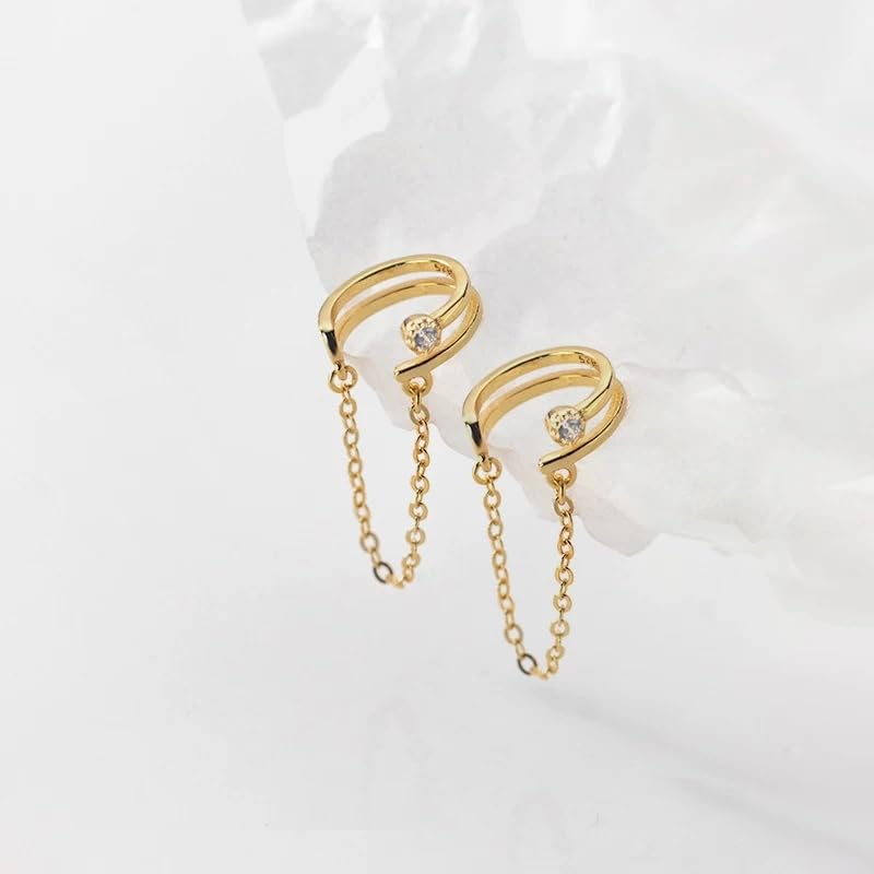 14K Gold Plated Double Layer Cuff Earring with Chain & Cubic Zirconia, Minimalist Dangle Ear Cuff for Women, No Piercing Needed