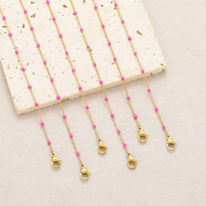 6 PCS Enamel Beaded Chains Bracelet Stainless Steel Link Bracelets | 6.7"+1.18", With Extender Chain, Fashion Jewelry Set, Gift For Women, Colorful, No Fade - color: Rose Gold