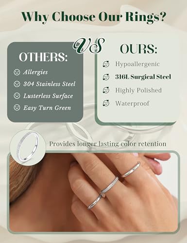 JOERICA 3Pcs 2mm Stainless Steel Women's Stackable Eternity Ring Band Engagement Wedding Ring Set 4-9