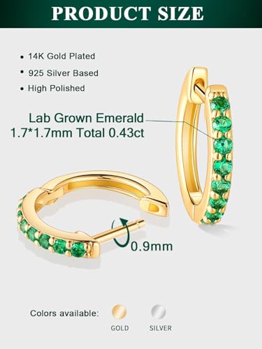 Chunky Emerald Sapphire Ruby Hoop Earrings, Princess or Round Cut, 14k Yellow Gold Plated Sterling Silver Cubic Zirconia Huggie Earings Minimalist Hoops Earrings for Women Wedding Daily Birthday - style: Round cut -Emerald -Gold
