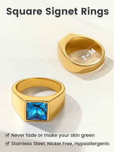 KeyStyle Square Gemstone Signet Rings for Men, Personalized Stainless Steel Pinky Ring with Black Onxy Blue Topaz Birthstone Statement Ring - color: Gold - Blue Topaz - 8mm