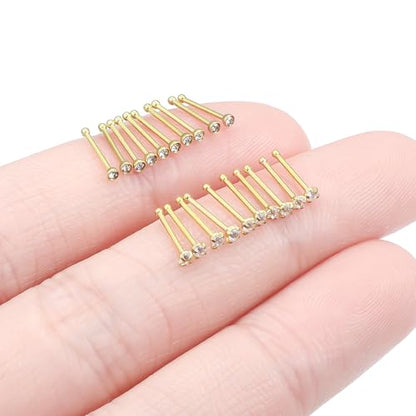 20Pcs Nose Rings Studs Surgical Steel L-Shape Nose Rings for Women 1.5mm 2mm Cubic Zirconia Nose Screw Studs Hypoallergenic Nose Piercings Jewelry 24g 22g 20g 18g - color: straight,goldtone, size: 22g,1.5mm CZ