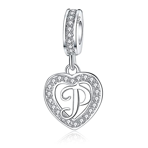 925 Sterling Silver Letter Charms A~Z Alphabet Charm Letter Beads fit Pandora European Bracelets fit Wife Mom Christmas Birthday Gift - color: P