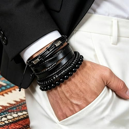 Braided Leather And Wood Bead Bracelet Set for Men Women ，Beads Cuff Bracelet Hemp Cords Ethnic Tribal，Wristband Stackable Bracelets Set Adjustable，Fashion Jewelry， Daily Wear And Party, Gift for He