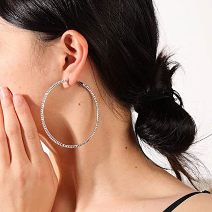 925 Sterling Silver Earrings Large Rhinestone Hoop Earrings Big Cubic Zirconia Hoop Earrings Thin Rhinestones Round Hoop Earrings for Women 20/30/40/50/60/70mm Sparkly Hoops With Crystals for Womens - color: Silver,40/50/60