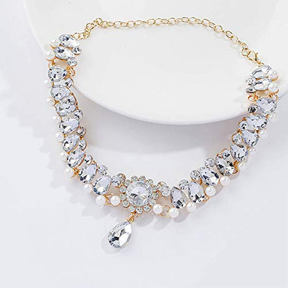 Bohemia Rhinestone Crystal Necklace Pearl Choker Wedding Jewelry Bridal Diamond Pendant for Women - color: gold