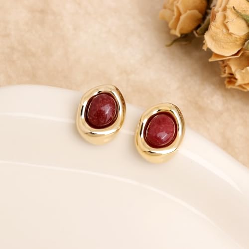 Jean Beau Chunky Gold Stone Stud Earrings for Women, Trendy Natural Gemstone Hypoallergenic Earing Valentine Jewelry Gift - color: Garnet