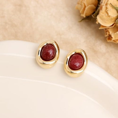 Jean Beau Chunky Gold Stone Stud Earrings for Women, Trendy Natural Gemstone Hypoallergenic Earing Valentine Jewelry Gift - color: Garnet