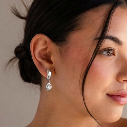 Gold Chunky Dangle Earrings for Women, Bezel Set Cubic Zirconia Charm | 14K Gold Silver Plated, Statement Huggie Hoops Drop Earrings, Trendy Jewelry Gifts, High Grade CZ, Hypoallergenic Lightweight - color: SL-Teardrop CZ Hoop