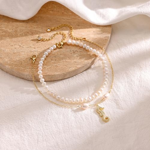 Robaice Anklets for Women, 14K Gold Plated Layered Ankle Bracelets | Waterproof Figaro Link Pearl Anklet, Ankle Bracelets for Women Stackable, Summer Beach Jewelry Gifts Non Tarnish - style: Gold Seahorse Anklet