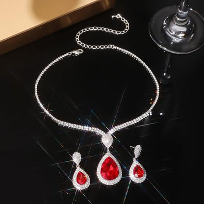 Fashion Red Black Colorful Bridal Teardrop Layered Crystal Necklace Earrings Set Sparkly Rhinestone Crystal Elegant Bridal Teardrop Shape Choker Earrings For Prom Costume Set Christmas Halloween Full Rhinestone Choker Necklace Earrings for Women - color: