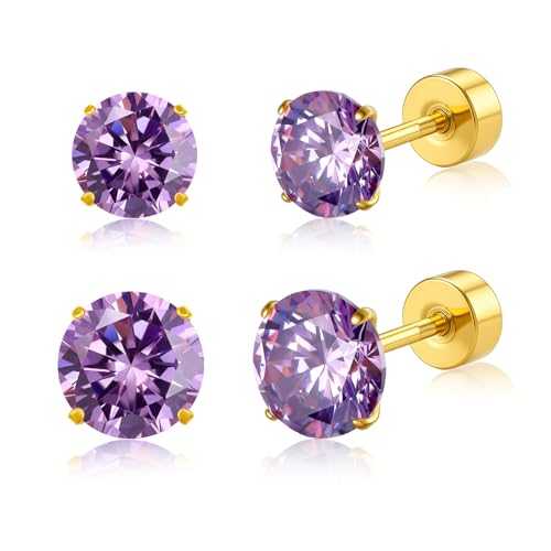 20G G23 Implant Grade Titanium Flat Back Stud Earrings for Women Men, Gold/White Gold Plated Tragus Labret Cartilage Helix F136 Piercing Jewelry for Sensitive Ears, with 4-6mm Cubic Zirconia - color: 2Pairs-20G-Golden-purple-Stud Earring Sets