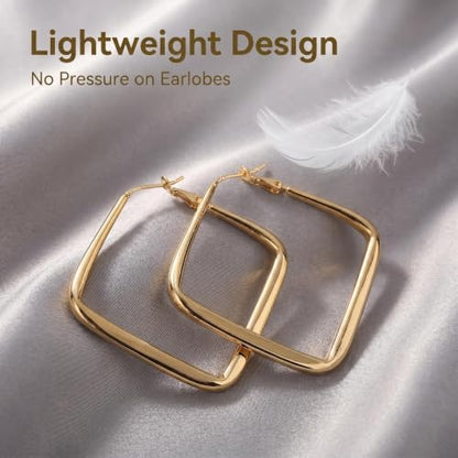 Hoop Earrings for Women, Hypoallergenic Stainless Steel Lightweight Thin Large Big Hoops Earrings Set for Women, Non Tarnish for Jewelry Gift 40MM - color: Gold Square Hoop Earrings