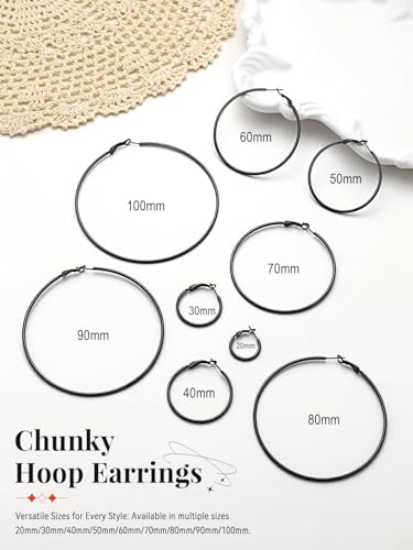 FaithHeart Silver/Black/Gold Stainless Steel Thin Hoop Earrings for Women | 2mm Wide Thin Large Hoop Earrings, Hypoallergenic Lightweight Trendy Jewelry, 20/30/40/50/60/70/80/90/100mm - color: Black, size: 100mm/3.93"