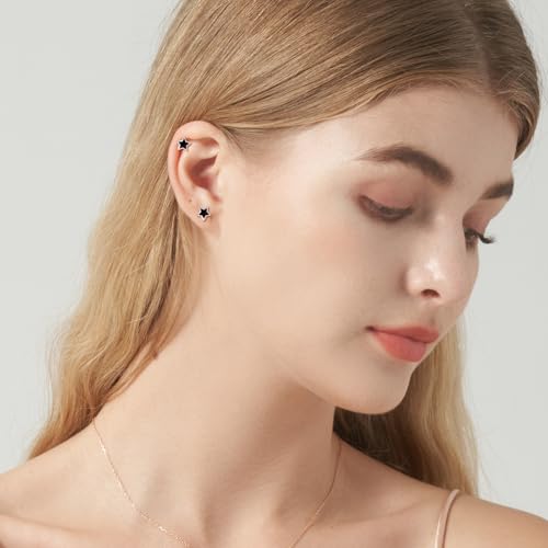 JSGEMSLEE Hypoallergenic 925 Sterling Silver Stud Earrings for Women With Screw Back Small Butterfly Heart Flower Earrings for Girls Tragus Cartilage Jewelry Gifts - color: black star