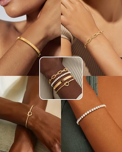 KOHOTA Chunky Gold Bracelets for Women Non Tarnish 14K Gold Plated Cuff Bracelet Stack Trendy Love Bangle Bracelets Stackable Tennis Bracelet Set Tie Knot Cuban Paperclip Figaro Chain Jewelry Gifts - color: D.Tie knot bangle