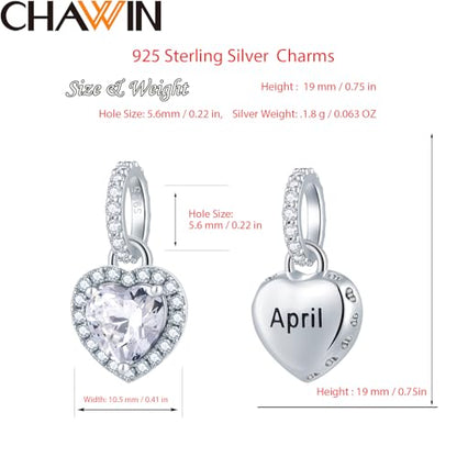 CHAWIN Birthstone Charms, 925 Sterling Silver Heart Dangle Charm, Sparkling CZ Compatible with Pandora Charm Bracelet, Necklace, Birthday Gifts for Women/Wife/Mother - style: 04# April