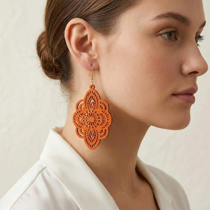 Boho Black Filigree Dangle Earrings for Women, Lightweight Hollow Lace Drop, Wood, 3.34" x 1.69", Bohemian Jewelry - color: Orange