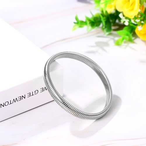 NMQLX Women's Elastic Bangle Bracelets: Stainless Steel Gold Chunky Wristband Bracelets - color: Silver - 8mm