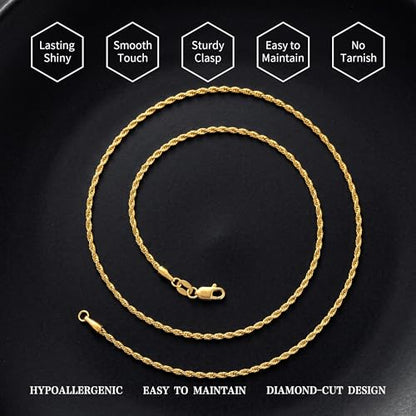 S925 Sterling Silver Chain for Women, 2mm Sterling Silver Rope Chain Necklace Thick Sturdy Colourfast Necklaces Jewelry for Women 16/18/20/22 Inch - color: Gold