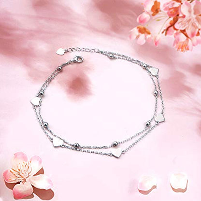 Anklet for Women S925 Sterling Silver Beach Foot Adjustable Ankle Bracelet - style: Heart Bead