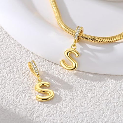 Hapour Gold Initial Letter Charms 925 Sterling Silver Alphabet Beads | 14K Gold Plated, A-Z Letter Charms, For Bracelets Necklace, Cubic Zirconia, DIY Dangle Pendant Beads, For Women Mom - color: Golden initial letter S