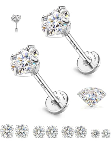 GEMQUEEN 8 PCS Moissanite ＆ Implant Grade G23 Titanium Nose Studs Flat Back Earrings Hypoallergenic : 14K Gold Plated Nose Rings 20G Push in Threadless Cartilage Helix Piercing Jewelry for Women Men - color: Silver| 20G(0.8MM)-Bar-6/8MM&Moissanite-2/3/4MM