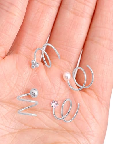 Akeoqi 16PCS Double Nose Ring Hoop For Single Piercing Stainless Steel Dangle Spiral Nose Rings Snake Flower Butterfly Planet Angel Wings Heart Ball Twist Earring Hoops Body Piercing Jewelry For Women - color: A: Silver-1