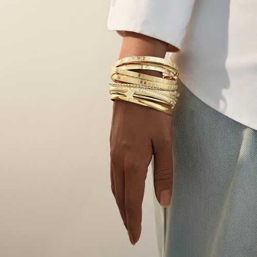 FAXHION Gold Bangle Bracelets for Women, 14 Pcs Multi Layer Stackable Bangle Set, 14K Gold Plated Textured Chunky Bracelets Boho Jewelrys Set - style: Gold B-13 pcs