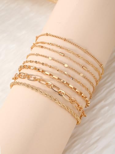IFKM Gold Bracelets for Women, 14K Gold Plated Dainty Link Chain Bracelet set, Trendy Stackable Layered Bracelets jewelry Gifts - style: 8pcs Chain twist box