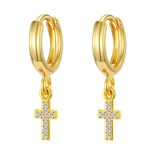 XYJZXY Gold Huggie Small Hoop Earrings with Charm Personalized Snake/Evil Eye/Star/Cross/Lock/Key 18k Gold Plated Crystal Drop Dangle Earrings for Women - style: Cross