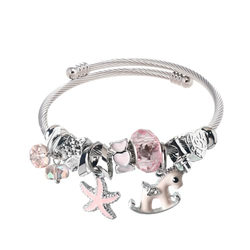 DS Charm Bracelets for girls,exquisite cute cartoon friendship bracelets Silver Stainless Steel Bangle with birthday Gift box, Adjustable girls jewelry Suitable for holiday gifts - style: Silver-Pink Pony