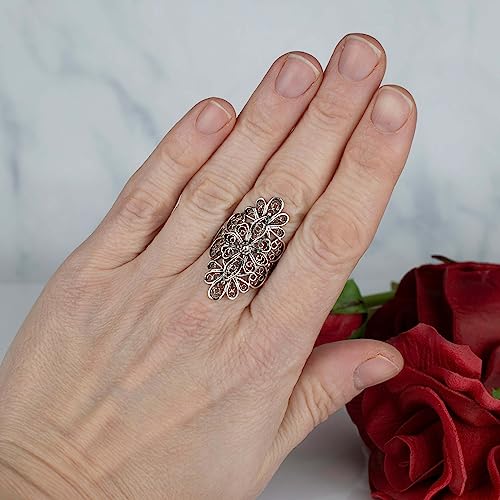 Filigranist 925 Sterling Silver Artisan Made Handcrafted Lace Embroidery Filigree Art Women Cocktail Statement Ring - style: Long