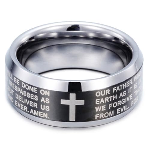 Fashion Month Mens 8mm Black Silver Tungsten Carbide Ring English Bible The Lords Prayer Cross Two-Tone Band for Him