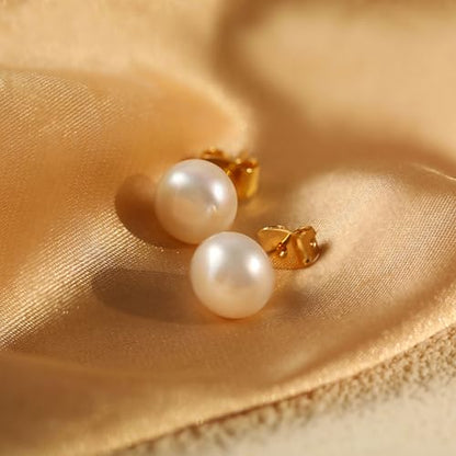 WFYOU Pearl Earrings for Women 925 Sterling Silver Stud Earring | 14K Gold Plated Hypoallergenic Stud Earrings, White Diamond Dainty Bridal Earring, Trendy Jewelry, Wedding Party Gifts - color: Gold A, size: 8mm