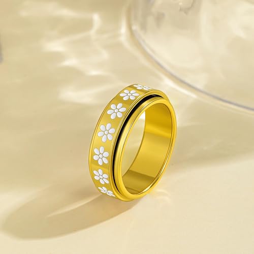 Fidget Anxiety Spinner Rings for Women | 14K Gold Silver Plated, 8mm Thick Stainless Steel Band Ring, Statement Cross Flower Spinning Rings, Jewelry Gifts, Size 6-10 - color: Gold-Flower