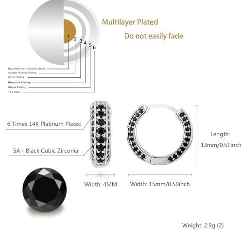 Iced Out Hoop Earrings Cubic Zirconia Huggie Cartilage Cuff Hypoallergenic 14K Gold Plated Luxury Fashion Round Circle Earrings For Men Women - color: 01 SilverBlack