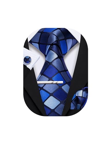 YOHOWA Men Plaid/Striped Ties Clip Set Silk Necktie Pocket Square Cufflinks | Woven Classic,Formal/Casual Mens Tie,Pocket Square Cufflinks Set,Luxury,Business,Wedding,Party,Prom,Graduation - color: A Blue Black Plaid