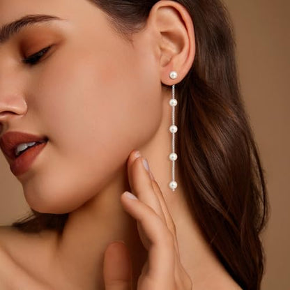 Pearl Earrings for Women 14k Gold/Silver Pearl Drop Earrings Long White Pearl Tassel Dangle Statement Earrings Bridal Wedding Dainty Prom Earrings Birthday Gifts Jewelry - color: 6MM Silver Pearl Drop Earrings